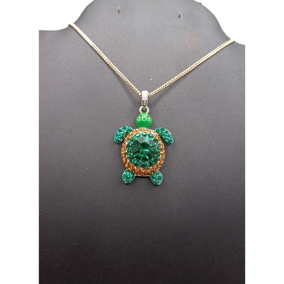 Green Turtle Pendant Necklace Ceramic & Rhinestone on Stainless Steel Chain - Picture 1 of 3